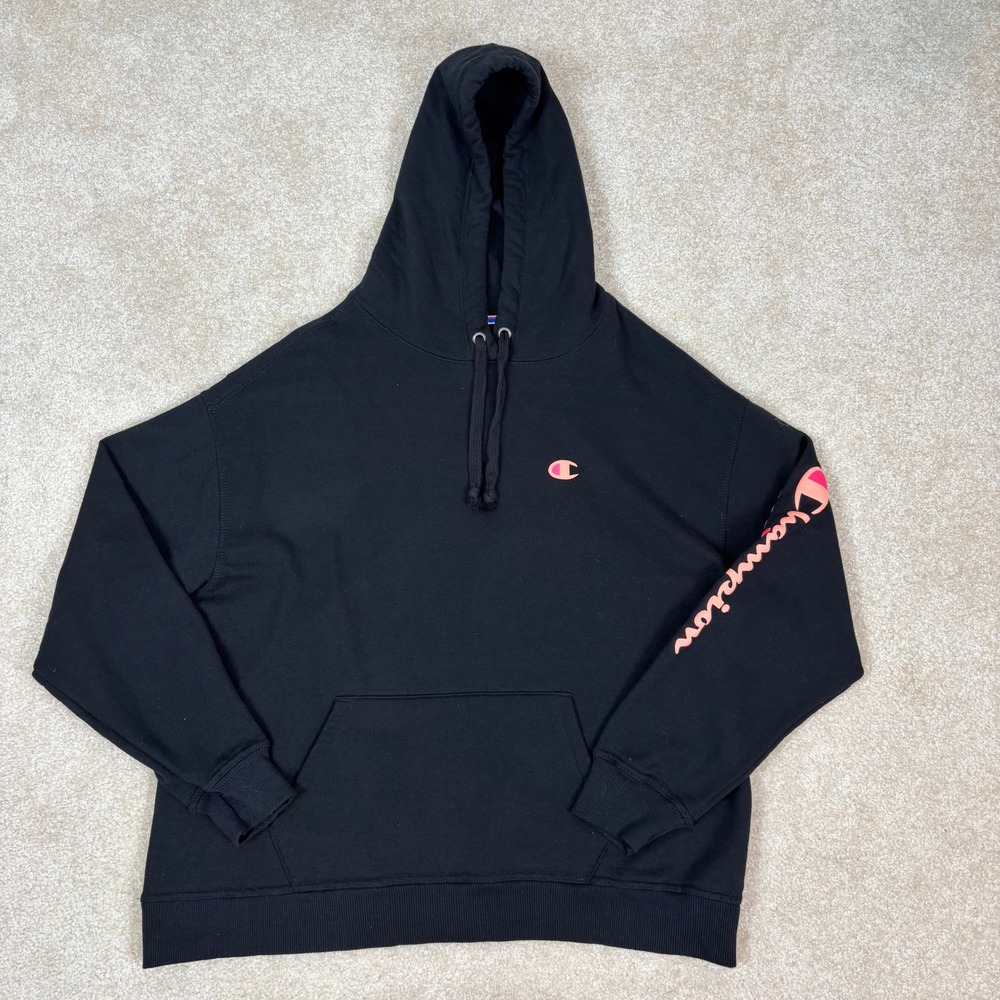 Champion Womens Black Pink Logo Fleece Pullover Hoodie GF538 Size 1X